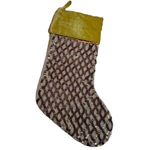 Velvet & Beaded Christmas Stocking 18 Inch Gold & White Elegant Holiday Decor